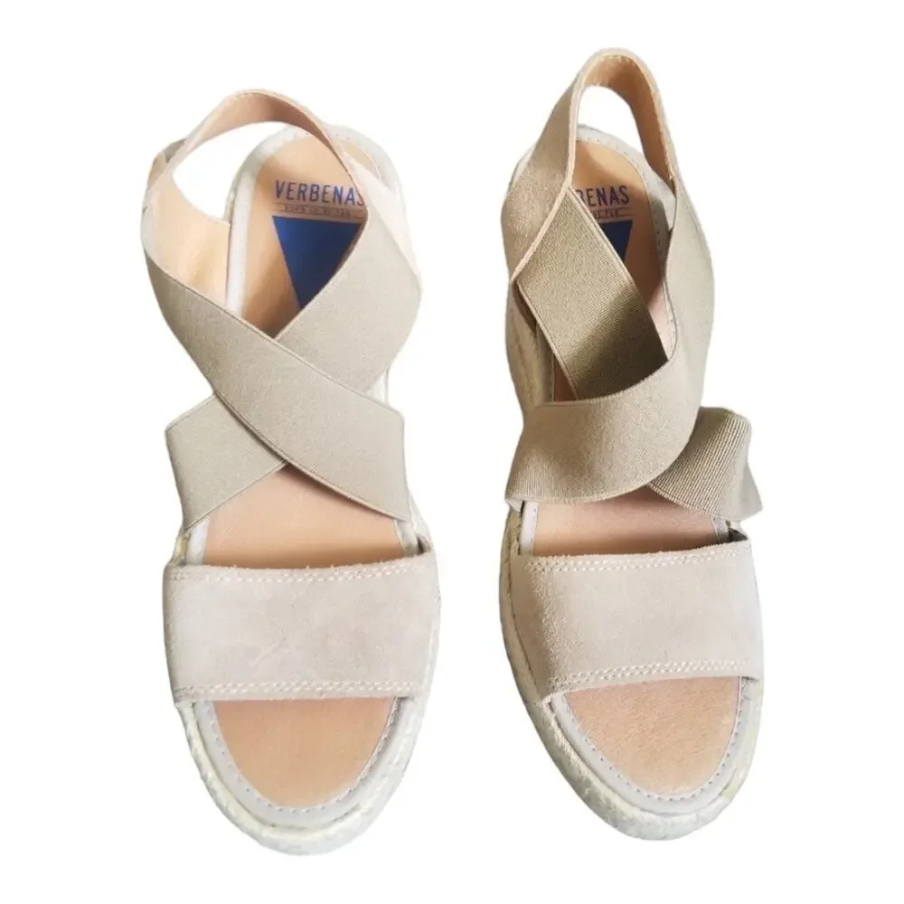 Verbenas Silva Serraje Piedra Open Toe Espadrille Cross Strap Wedges size 8‌